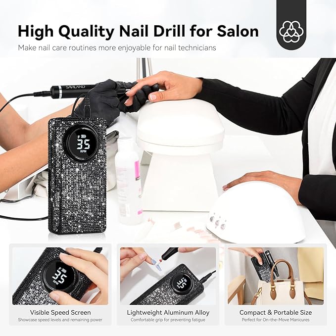 SAVILAND Professional Electric Nail Drill for Acrylic Nails : 35000RPM 2025 Portable Nail File Faster Removal Acrylic Nails & Large Battery Capacity for Nail Art, Pedicure Manicure Home Nail Salon