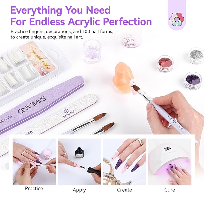 SAVILAND Essentials Acrylic Nail Kit For Beginners: Ultimate All-In-1 Acrylic Set with EMA Monomer Practice Finger Nail Drill U V Light Full Tools For Women Gift