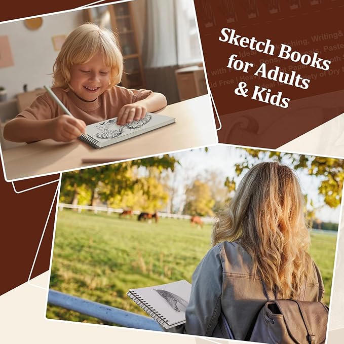 TKOOFN 5 Pack 5.5" x 8.5" Sketch Book Bulk (300 Sheet Total), Top Spiral Bound Premium Sketchbook Drawing Pads(68lb/100gsm), Acid-Free Painting Paper Drawingbook for Adults Kids Artists Beginners