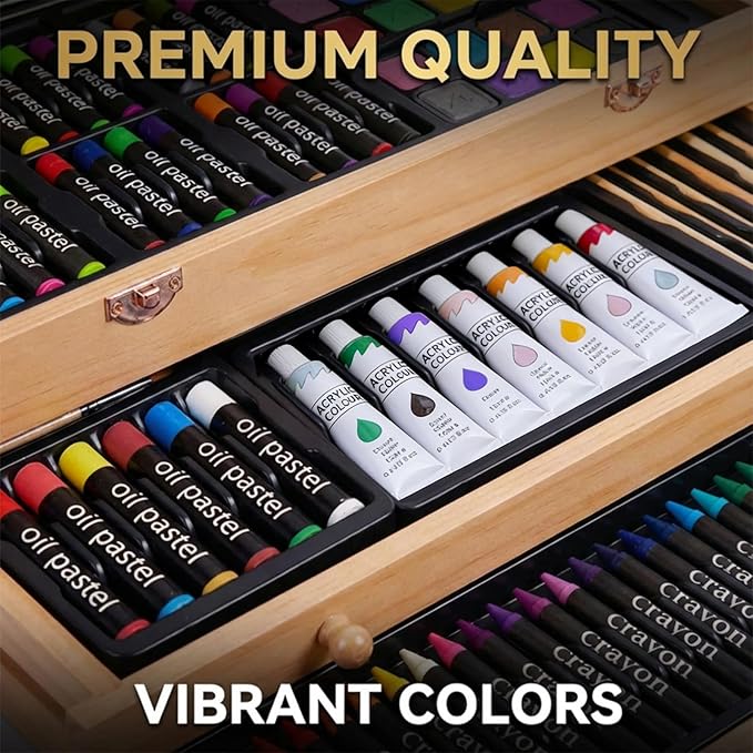 175-Pack Deluxe Wooden Art Set Drawing Painting Kit with 2 Drawing Pads, Acrylic Paints, Colored Pencils, Crayons, Paint Brush, Art Kit in Wooden Case, Gift for Artist, Adults, Teens and Kids
