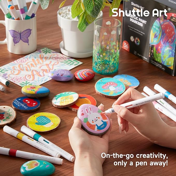 Shuttle Art Automatic Ink Control Acrylic Paint Markers, 36 Colors Brush Tip Acrylic Paint Pens for Rock Painting, Ceramic, Wood, Canvas, Glass, Stone, Fabric, Card Making, DIY Supplies, FlipFunAlong