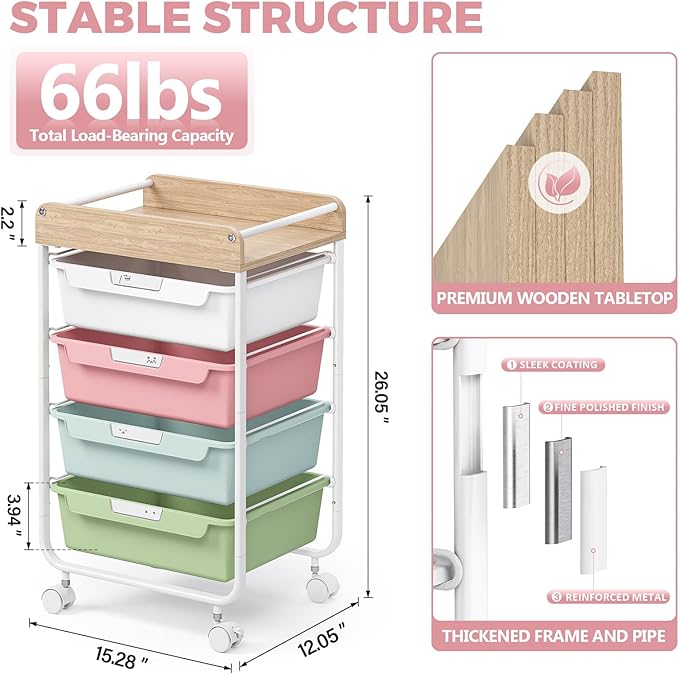 SYKIARIOL Rolling Storage Utility Cart with 4 Drawers,Kids Craft Art Cart,Makeup Organizer and Storage with Wooden Tabletop,Colorful