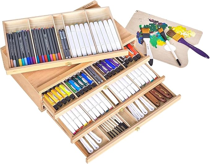 MEEDEN 10-Drawer Artist Supply Storage Box - Large Capacity Multi-Function Beech-Wood Pencil Box with Drawer & Compartments for Organizing Pastels, Pencils, Pens, Markers, Brushes & Stamp