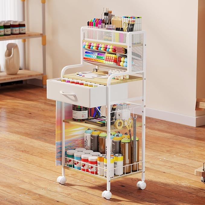 Homsorout Art cart, 3 Tier Rolling Cart - Utility Cart with Storage Drawer and Wheels, Versatile Art & Craft Organizer for Home, Office, or Studio Ideal for Storing Brushes, Paints ( White)