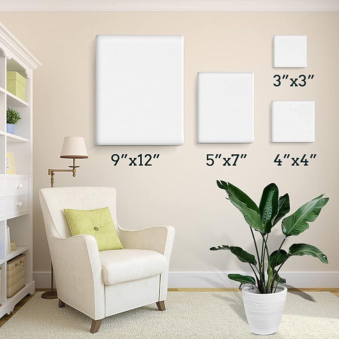 ESRICH 4 Pack Stretched Canvas for Painting with 9x12, 5x7, 4x4, 3x3, Primed Acid-Free Cotton Blank Canvases for Painting, Painting Canvas for Oil & Acrylic Paint.