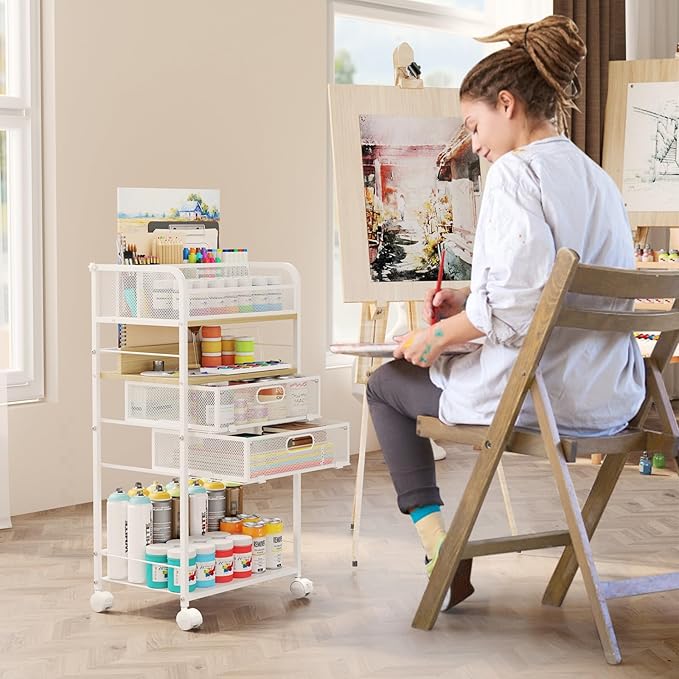 Homsorout Art cart, 5 Tier Rolling Cart - Utility Cart with Storage Drawer and Wheels, Versatile Art & Craft Organizer for Home, Office, or Studio Ideal for Storing Brushes, Paints (Maple)