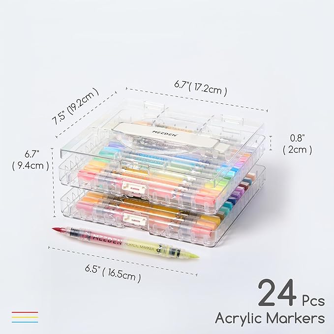 MEEDEN Acrylic Paint Markers Dual Tip: 48 Colors/24 Pcs Brush Tip Acrylic Marker with Automatic Ink Control for Art Supplies - Quick Dry Paint Pens for Rock, Wood, Glass, Easter Basket Stuffers