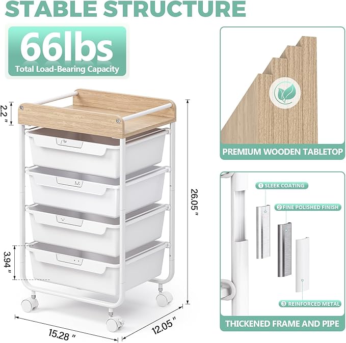 SYKIARIOL Rolling Storage Utility Cart with 4 Drawers,Kids Craft Art Cart,Makeup Organizer and Storage with Wooden Tabletop,White