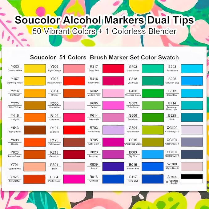 Soucolor 51 Colors Alcohol Markers Brush Tip, Dual Tip Brush & Chisel Alcohol-Based Art Markers, 50 Colors+1 Blender Drawing Coloring Art Supplies for Kids Artists Adults Teen Girl Gifts Trendy Stuff