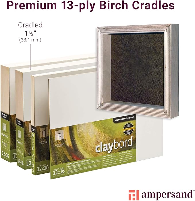 Ampersand Art Supply Claybord | 11" x 14" | 1-1/2" Cradled Profile | Kaolin Clay Painting Panel for Acrylic, Ink, Watercolor & Mixed Media | Canvas & Paper Alternative