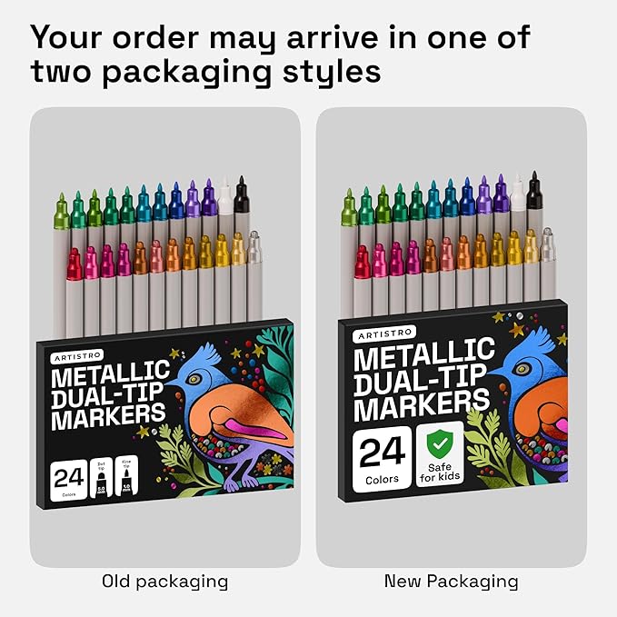 ARTISTRO 24 Metallic Precision Dual-Tip Acrylic Paint Markers – Paint Pens Set with Dot & Fine Tips for Fabric, Rock, Glass, Wood, Coloring Books – Classroom & Art Supplies Teacher Appreciation Gift