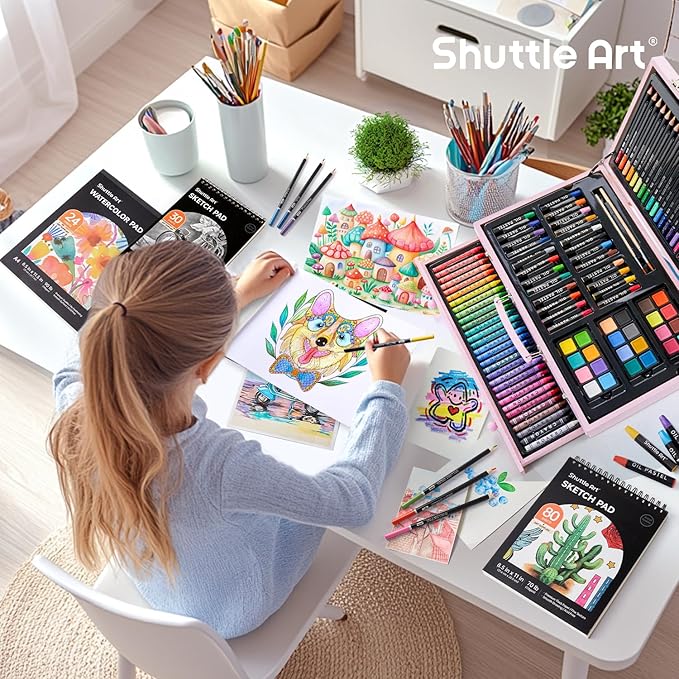 Shuttle Art 149 Piece Deluxe Art Set, Art Supplies in Wooden Case, Painting Drawing Art Kit with Crayons Colored Pencils Oil Pastels Coloring Book Sketch Pad for Kids Adults