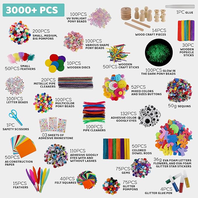A&R CO. 3000+ Pcs Arts and Crafts Supplies & Materials for Kids - Ultimate Bulk Craft Kit for Boys & Girls with 99 Activities Book for Ages 3-5, 4-6, 6-8, 8-12