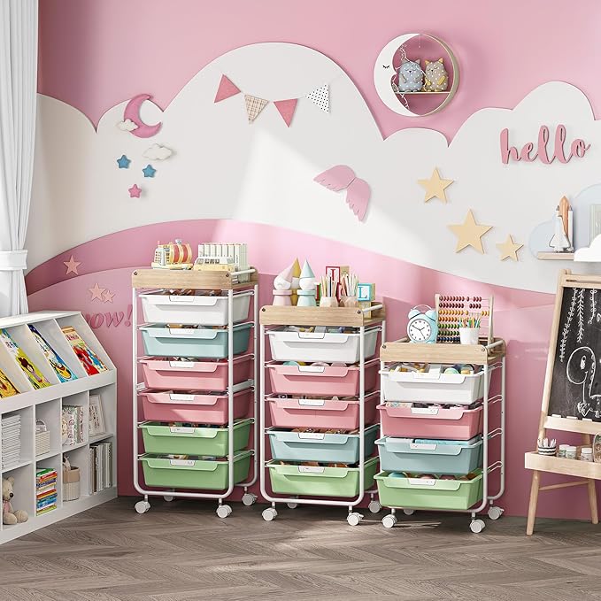 SYKIARIOL Rolling Cart with 6 Drawers,Utility Storage Cart with Drawers,Art Craft Organizers and Storage,Makeup Organizer with Wooden Tabletop,Colorful