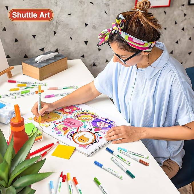 Shuttle Art Paint Pens, 42 Colors Acrylic Paint Markers, Low-Odor Water-Based Quick Dry Paint Markers for Rock, Wood, Metal, Plastic, Glass, Canvas, Ceramic
