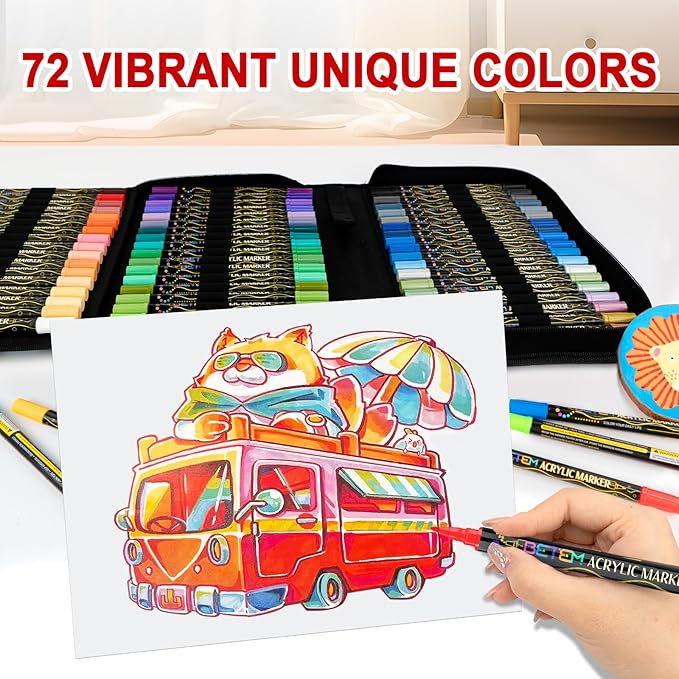 Betem Dual Tip Acrylic Paint Pens, 72 Colors Paint Markers for Glass, Window, Fabric, Wood, Rock, Canvas, Acrylic Markers with Fine & Brush Tip, Art & Craft Supplies, Teacher Appreciation Gift