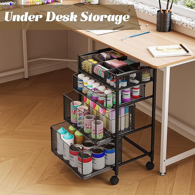 4-Tier Rolling Utility Cart with 3 Drawers, Craft Organizer and Storage with DIY Divider, Art-Craft Supplies with Caster Wheels, Multi-Functional Storage for Classroom, Office, Paints, Artifacts