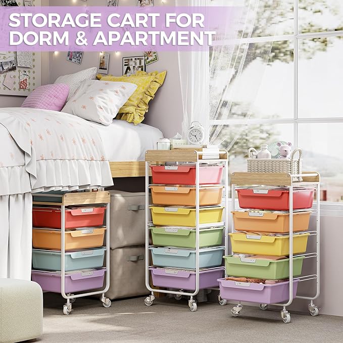 SYKIARIOL 6 Drawer Rolling Cart for Craft Storage,Utility Drawer Organizer with Handle and Wooden Top,Storage on wheels for Office,Classroom,Laundry,Garage,Snack,Art Supply
