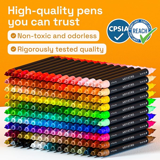 ARTISTRO 150 Dual Tip Acrylic Paint Markers, Paint Pens, Drawing Markers for Textile, Rock, Glass, Wood, Paper, Ceramic, Canvas, DIY - Art Supplies Kit for Kids and Adults (Brush + Fine)