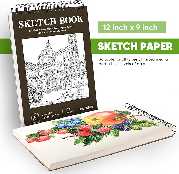 Soucolor 9" x 12" Sketch Book 100 Sheets, Acid Free (68lb/100gsm) Artist Drawing Paper Book Painting Sketching Pad, Classroom Must Haves Supplies for Teacher Student, Back to School Supplies