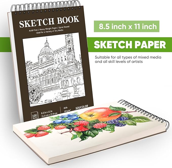 Soucolor Sketchbook 8.5x11 Hard Cover Spiral Bound, 100 Sheets 68lb/100gsm Thick Acid-Free Drawing Paper Lay Flat Sketch Pad Art Notebook for Adults Artists Teachers Students Classroom