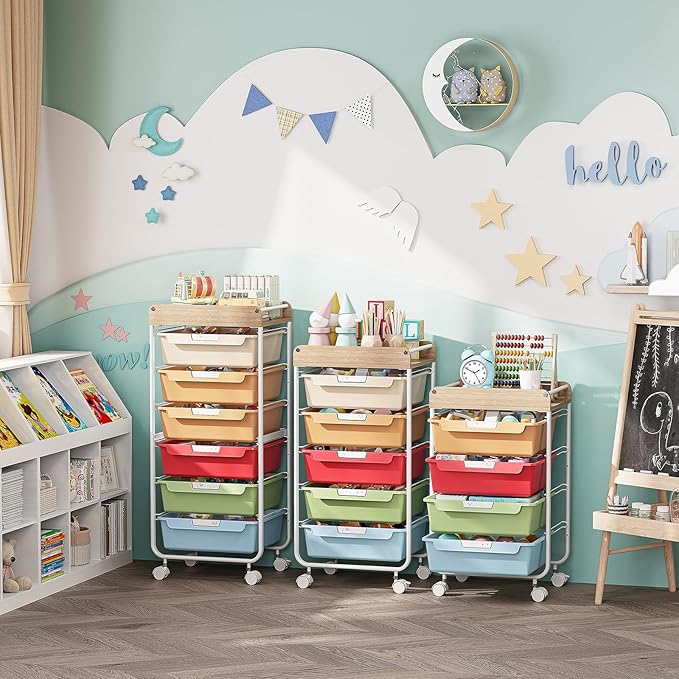 SYKIARIOL Rolling Cart with 6 Drawers,Utility Storage Cart with Drawers,Art Craft Organizers and Storage,Makeup Organizer with Wooden Tabletop,Rainbow