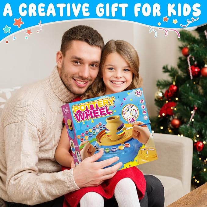 Pottery Wheel for Kids Complete DIY Pottery Painting Kit, Arts and Crafts for Kids Ages 8-12 with 3 Air-Dry Clay Packs and Tools, Art Supplies Toys Birthday Easter Gift for Boys Girls 6+ Years Old