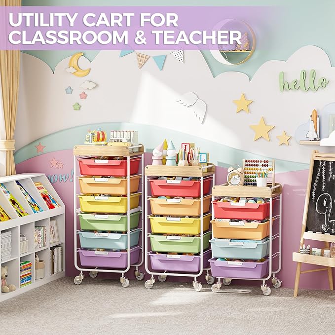 Rolling Craft Storage Cart with 4 Drawers,Utility Cart with Drawers,Art Craft Organizers and Storage,Kids Craft Cart,Kids Art Cart With DIY Lable and Wooden Tabletop Area,Jelly Bean Color
