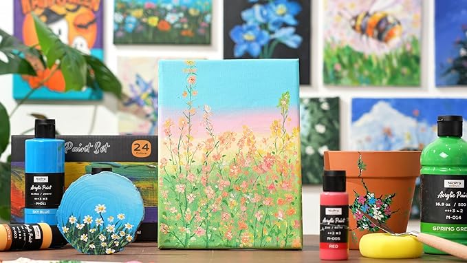 Nicpro 14 Colors Large Bulk Acrylic Paint Set (16.9 oz,500 ml) Rich Art Painting Supplies, Non Toxic for Multi Surface Rock Canvas Wood Ceramic Leather Fabric Craft, for Adult with Color Wheel