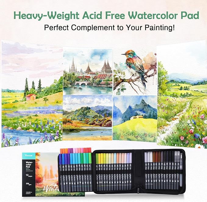 TOSHARE Watercolor Pens Set, 48-Color Dual Tip Professional Watercolor Markers for Adults, Water-Based Art Markers with 1 Aquapen, 2 Colorless Blenders, 1 Black Marker, and 12-Page Pad, Art Supply