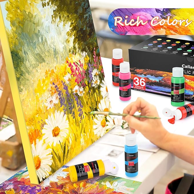 Caliart Acrylic Paint Set with 12 Brushes, 36 Colors Art Craft Paints for Artists Kids & Adults Beginners, Rich Pigments, Canvas Ceramic Wood Rock Painting Kit Art Supplies
