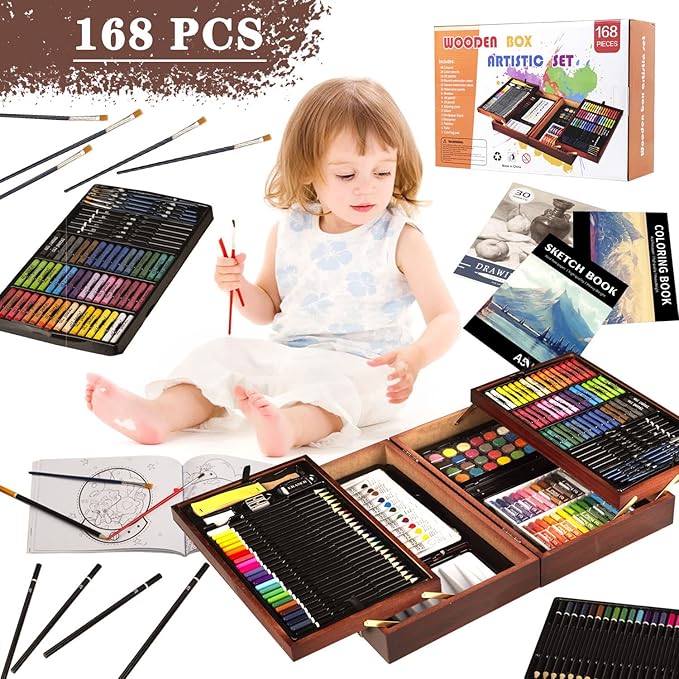 KINSPORY 168-Pack Art Supplies, Deluxe Wooden Art Set Crafts Drawing Painting Coloring Kit, 3 Pack Coloring Pads, Creative Gift Box for Artist Beginners Kids Girls Boys