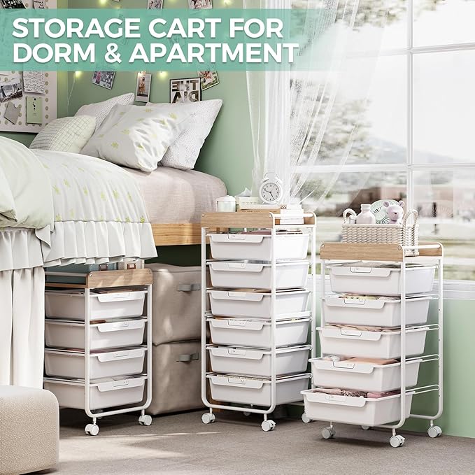 6 Drawer Rolling Cart for Craft Storage,Utility Drawer Organizer with Handle and Wooden Top, Storage on wheels for Office, Classroom,Laundry,Garage, Snack,Art Supply,White
