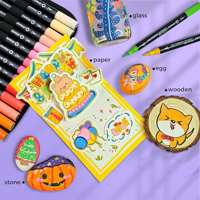 Artecho Acrylic Paint Markers 48 Colors with Bag, Acrylic Paint Pens with Brush Tip and Fine Tip for Stone, Rock Painting, Paper, Pumpkin, Wood, Egg, Canvas, Ceramic, Fabric, leather, Glass