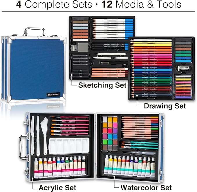 COLOUR BLOCK 151-Piece Professional Art Supply Set with Mixed Media, Paint Kit & Brushes in Aluminum Case, Complete Art Supplies for Adults, All Level Artists, Travel Art Set