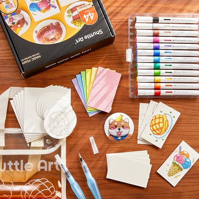 Shuttle Art 44 Pcs Magic Foam Texture Painting Kit, Including 28 Pcs Foam Texture Paper, 12 Colors Brush Tip Acrylic Paint Markers, Magical 3D Effect Painting Kit