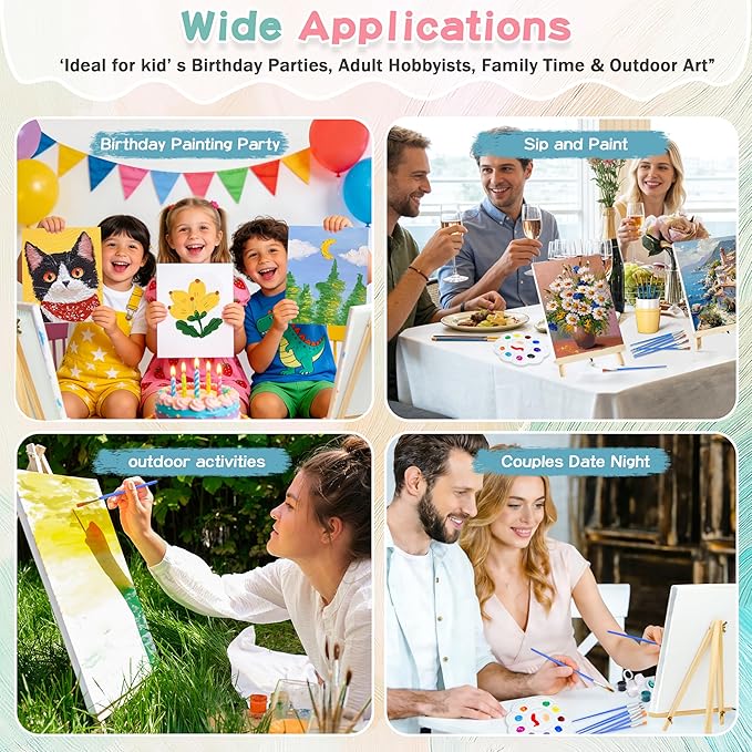 5 Pack 8x10 Inch Canvas and Easel Set, Sip and Paint Kit for Adults,Art Canvas Bulk with Easels Stands, Trays,Small Paint Brushes,12 Colors Mini Acrylic Paint Set for Couples,Kids and Party Supplies