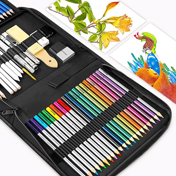 iBayam 78-Pack Drawing Set Sketching Kit Art Supplies for Adult, Christmas Gifts for Adult, with 3-Color Sketchbook, Coloring Book, Colored, Graphite, Charcoal, Watercolor & Metallic Pencil
