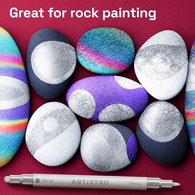 ARTISTRO 5 Silver Precision Dual-Tip Acrylic Paint Markers – Paint Pens Set with Dot & Fine Tips for Fabric, Rock, Glass, Wood, Coloring Books – Classroom & Art Supplies Gift Teacher Appreciation Gift