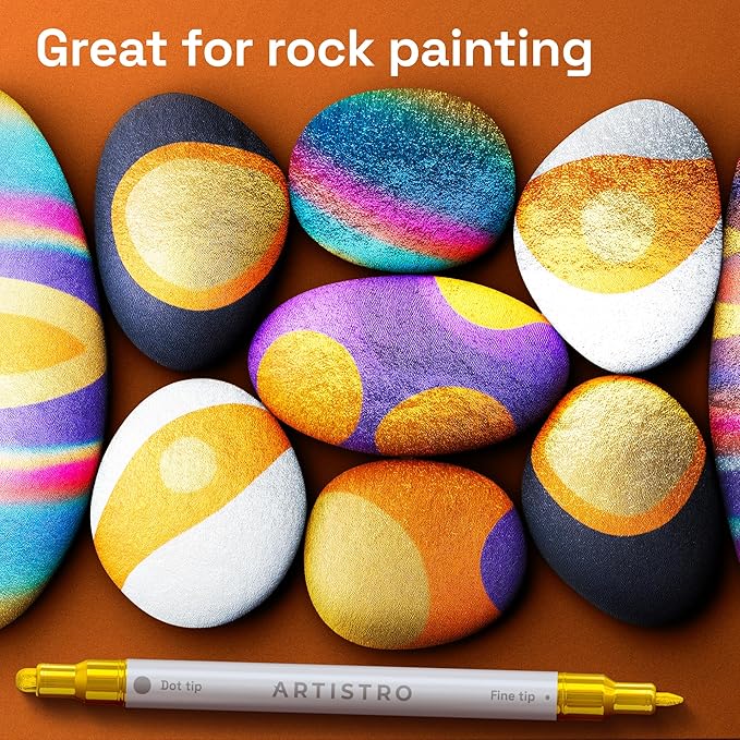 ARTISTRO 12 Gold Precision Dual-Tip Acrylic Paint Markers – Paint Pens Set with Dot & Fine Tips for Fabric, Rock, Glass, Wood, Coloring Books – Classroom & Art Supplies Gift Teacher Appreciation Gift