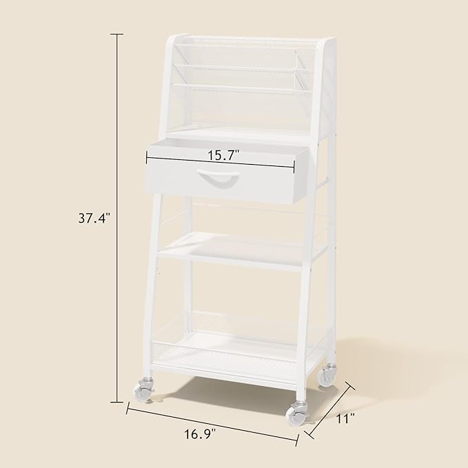 Homsorout 3 Tier Rolling Cart - Metal Utility Cart with Storage Drawer and Wheels, Versatile Art & Craft Organizer for Home, Office, or Studio - Ideal for Storing Brushes, Paints, and Supplies（White）