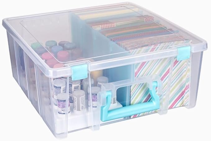 ArtBin 6990SA Super Satchel Double Deep Compartment Box - Art Storage with 8 Removable Compartments, Smart Closure for Craft Supplies (Clear & Aqua- Pack of 1)