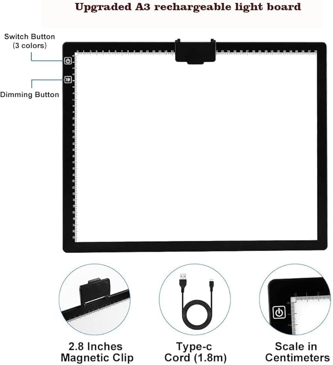 YINGWOND Rechargeable A3 LED Light Pad with Carry Bag, Adjustable Brightness Light Box with 3 Colors, Built-in Stand, 2500mAh Battery, Magnetic Clip, Light Board for Tracing Diamond Painting Sketching