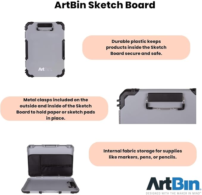 ArtBin 6838AG Sketch Board, Portable Drawing Surface with Internal Art & Craft Storage, Grey