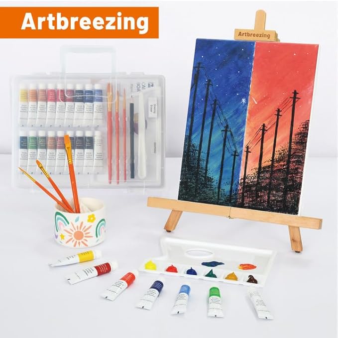 Artbreezing Acrylic Paint Set with Tabletop Easel, Acrylic Paints, Canvases, Brushes, Apron, Storage Box, All-in-One Giftable Art Set for All Skill Levels, Ideal for Adults, Kids,Total 31-piece.