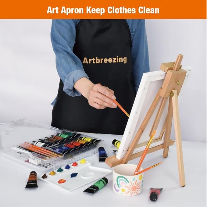 Artbreezing Acrylic Paint Set with Tabletop Easel, Acrylic Paints, Canvases, Brushes, Apron, Storage Box, All-in-One Giftable Art Set for All Skill Levels, Ideal for Adults, Kids,Total 25-piece.