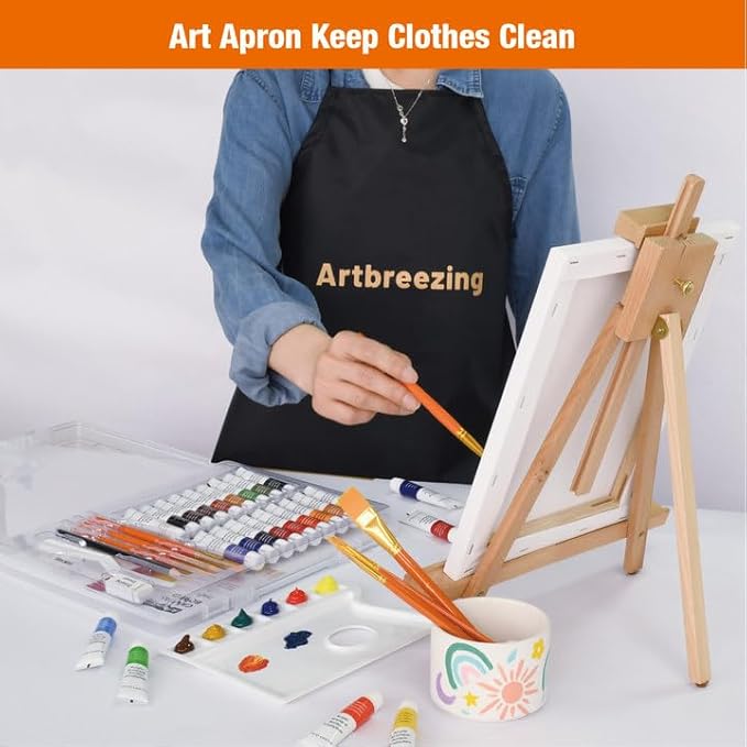 Artbreezing Acrylic Paint Set with Tabletop Easel, Acrylic Paints, Canvases, Brushes, Apron, Storage Box, All-in-One Giftable Art Set for All Skill Levels, Ideal for Adults, Kids,Total 31-piece.