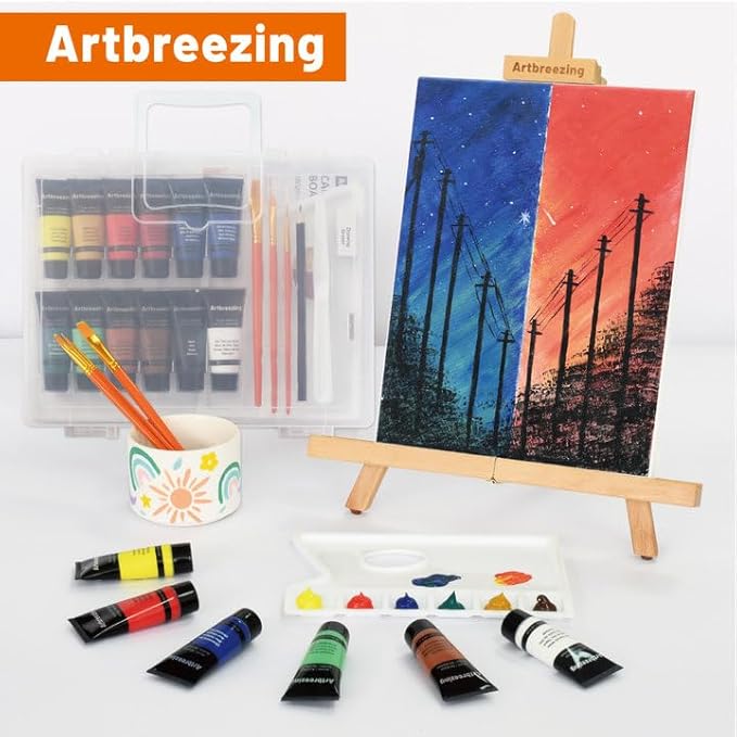Artbreezing Acrylic Paint Set with Tabletop Easel, Acrylic Paints, Canvases, Brushes, Apron, Storage Box, All-in-One Giftable Art Set for All Skill Levels, Ideal for Adults, Kids,Total 25-piece.