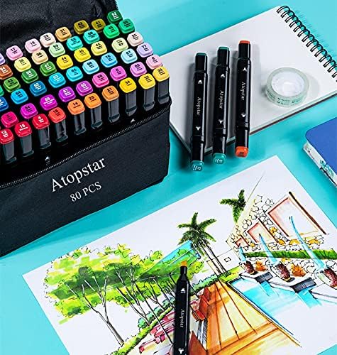 ATOPSTAR 80 Colors Alcohol Markers Artist Drawing Art for Kids Dual Tip Adult Coloring Painting Supplies Perfect Boys Girls Students Adult(80 Black Shell)
