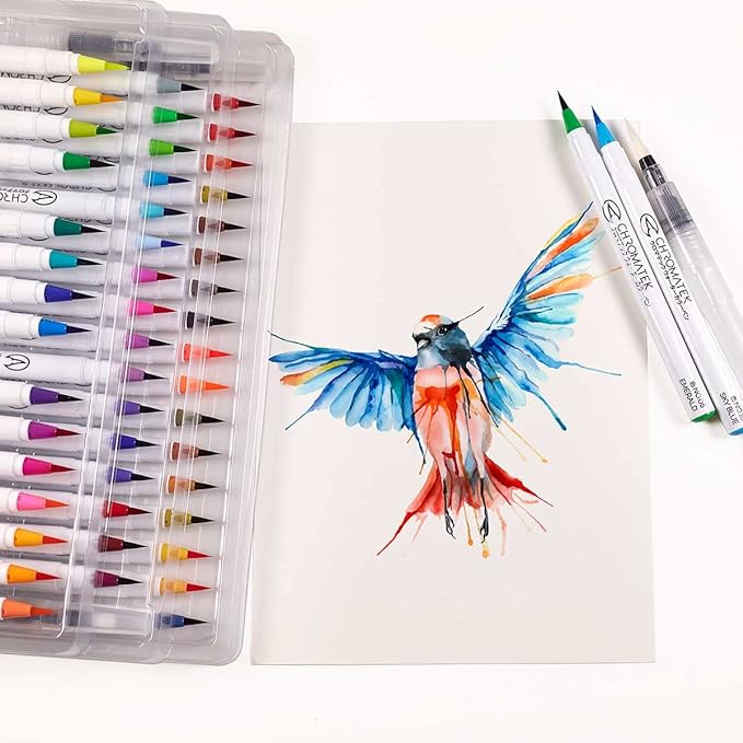 CHROMATEK 54 Watercolor Pens Set | Including 15 Page Pad & Online Video Tutorial Series | 4 Aquapens & 50 Unique Colors | Brush Pens | Easily Blendable, Vivid, Smooth | Professional Art Supplies